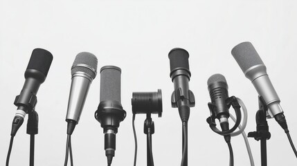 A group of microphones isolated on a white background, press conference