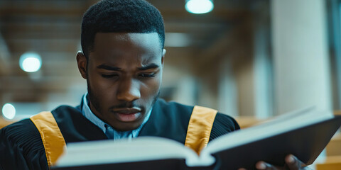 Insightful Scholar: A man in a professor's robe, his brow furrowed as he reads a book and scribbles notes in a notebook.