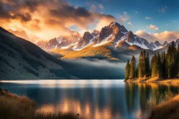 Beautiful landscape of the lake in mountains