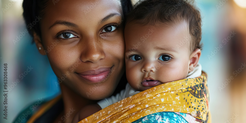 Wall mural nurturing parent: a mother with a baby in a carrier, her face gentle and her lips forming a soft smi