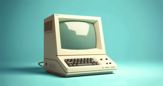 Vintage computer with white case and a CRT monitor on a blue background. Retro technology, old computer, vintage design.