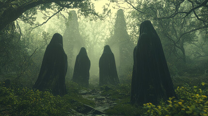 Four figures in black robes stand in a misty forest.