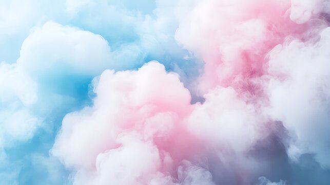 Soft pastel clouds of pink, blue, and white blending in a fluffy, cotton-like texture, evoking a dreamy, light, and serene atmosphere.