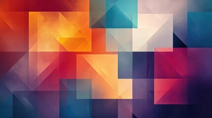 abstract colorful composition, geometric shapes, overlapping squares and rectangles, shades of orange, red, purple, blue, gradient color blending, blurred edges, dreamy and surreal, digital art style