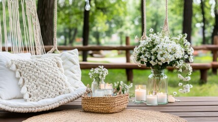 A charming outdoor garden boasts a cozy macrame hanging chair, straw wicker furniture, and boho decor, creating an inviting summer retreat with fresh greenery all around