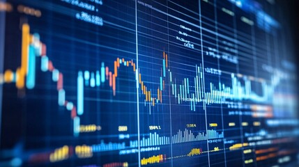 Close-up of stock market data displayed on a screen with colorful financial charts, representing trading, investments, and market analysis.