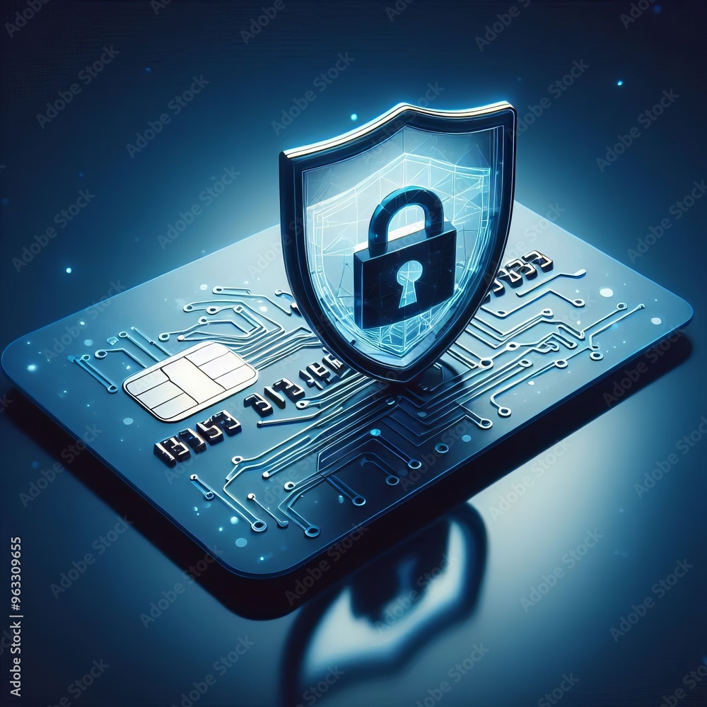 Poster a close-up of a credit card with a digital padlock shield overlay, symbolizing digital security and 