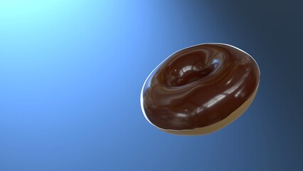 Glazed chocolate donut floating on a gradient blue background with a soft light reflection on the surface, ample copy space on the left side for text.