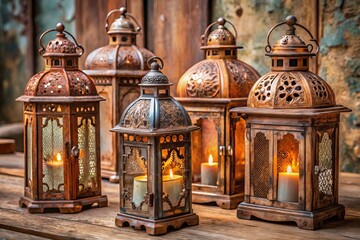 Obraz premium vintage inspired lanterns with distressed finishes and ornate details for a warm nostalgic mood in a muted brown and copper color scheme with an emphasis on hand-painted finishes