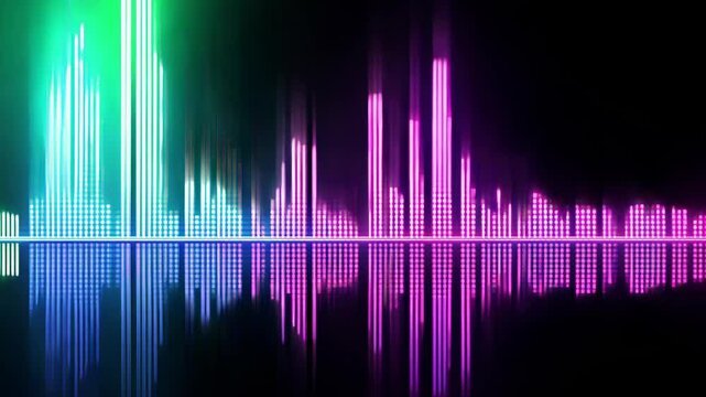 colorful audio equalizer display with vibrant light bars in shades of green, pink, and purple against a black background.