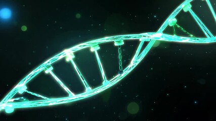 Mesmerizing spinning video of holographic DNA strand wireframe, blue and green particles swirling against black backdrop, creating dynamic scientific visualization - Powered by Adobe