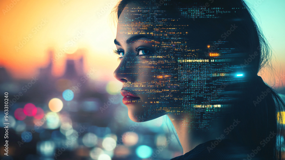 Poster futuristic urban environment: woman blending with binary code data to symbolize the fusion of techno