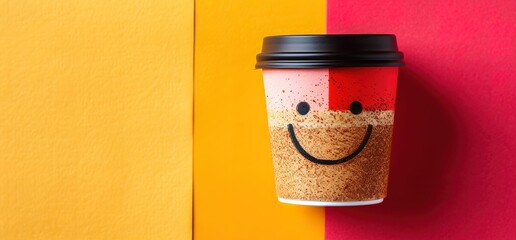 A takeaway coffee cup with a smiley face drawn on it against a colorful background. A cheerful and positive image that could represent happiness, positivity, or a good morning.