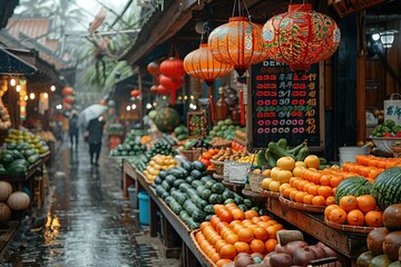 Obraz premium market asia food city stall street fresh fruit vegetable travel asian shop people green