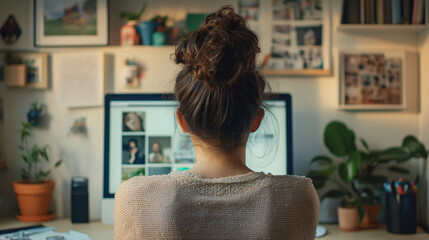 Young creative working from her home office is browsing images on her computer