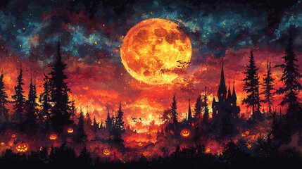 Obraz premium A spooky Halloween night with a glowing orange moon and jack-o'-lanterns in the forest.