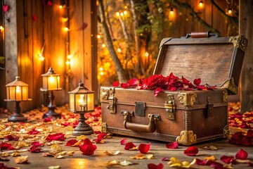 Vintage romantic getaway ideas with rose petals and golden leaves scattered throughout