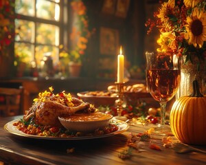 Warm Autumn Colors Set the Stage for a Festive Thanksgiving Dinner A Roasted Turkey, Rich Gravy, and Pumpkin Pie Await
