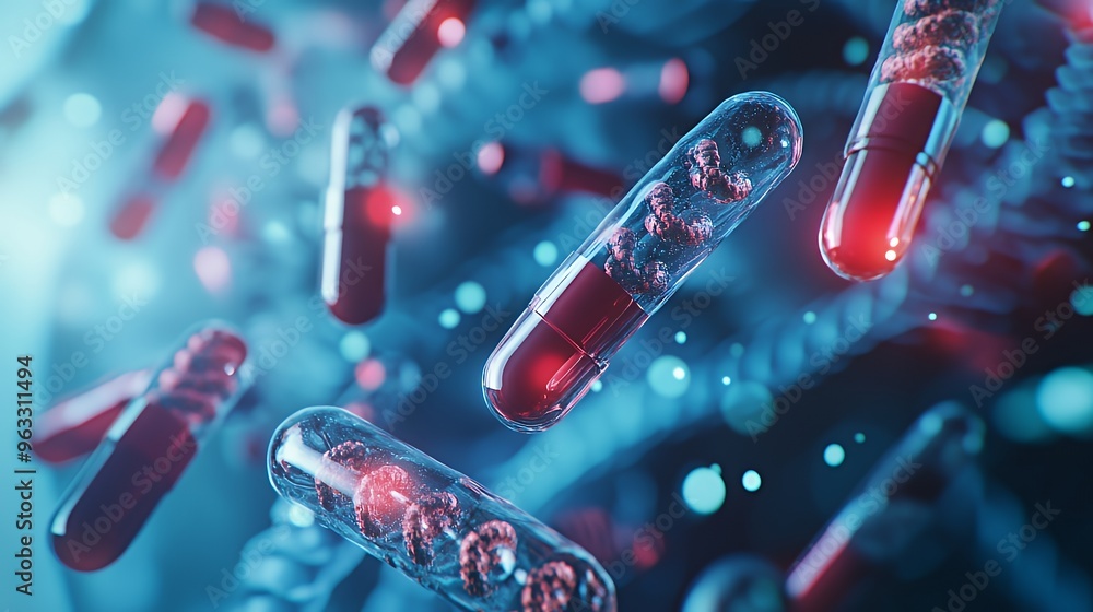 Poster close-up of red capsules with visible internal elements against a blue background.