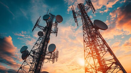Telecommunication towers with satellite dishes standing tall against a vibrant sunset sky, symbolizing modern communication, technology, and network infrastructure.