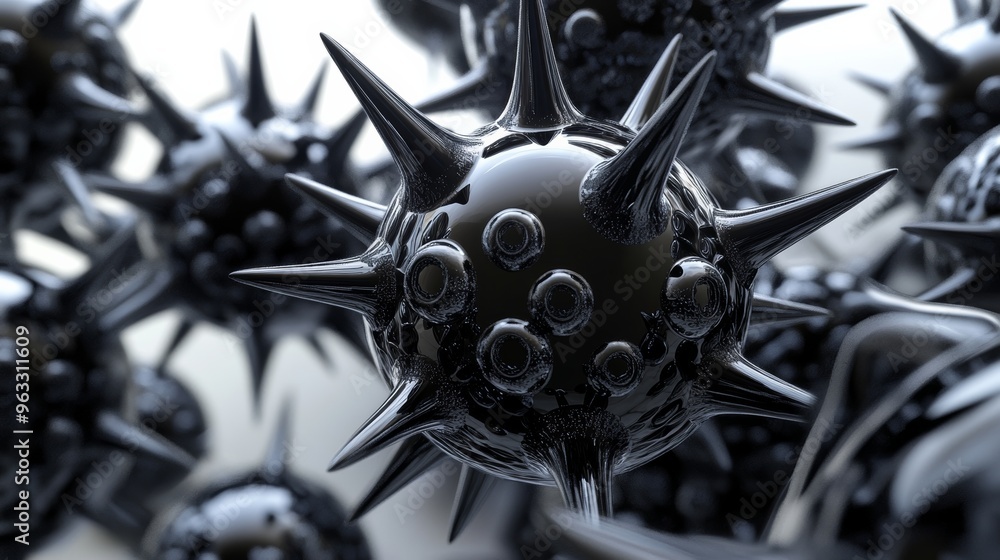 Poster microscopic virus close up spreading showing spikes 3d rendering