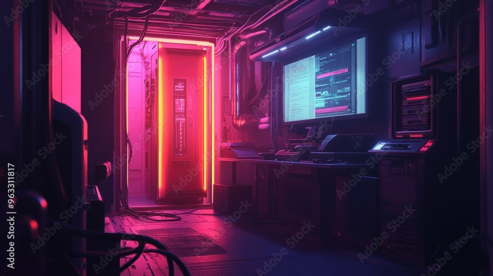 Poster neon-lit server room with open doorway and computer screens