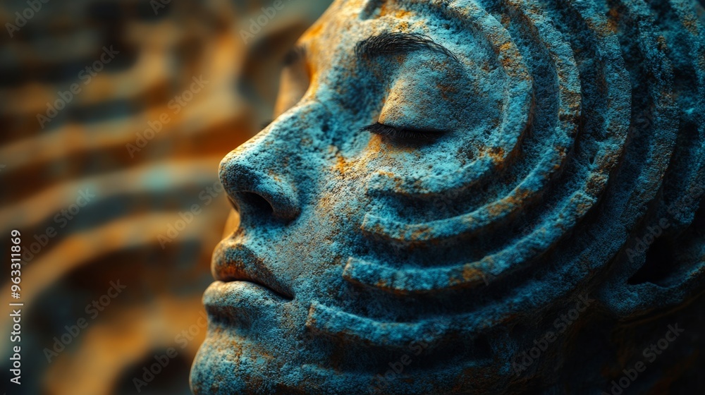 Wall mural artistic stone face sculpture depicting serenity and tranquility