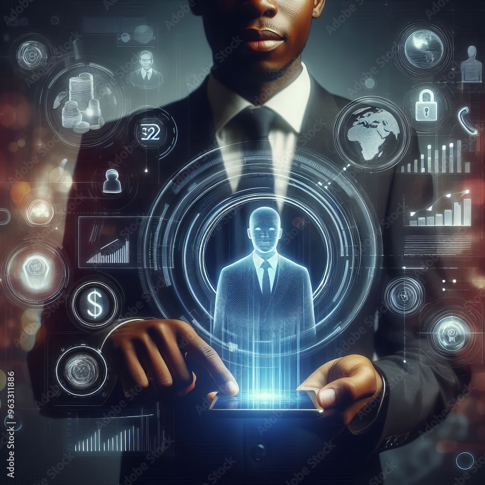 Poster a businessman interacts with a digital interface featuring holographic elements, representing modern