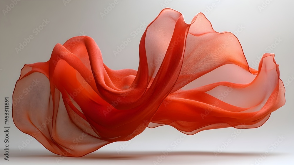 Poster floating red chiffon caught in a soft flowing arc