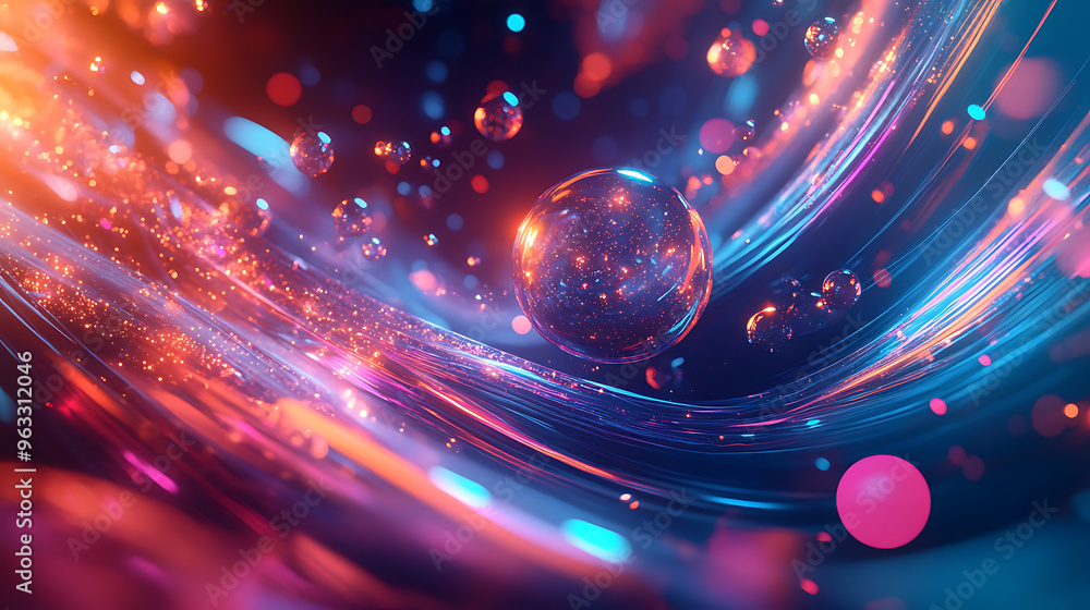 Poster vibrant abstract scene with flowing energy lines and glowing spheres symbolizing the fusion of techn