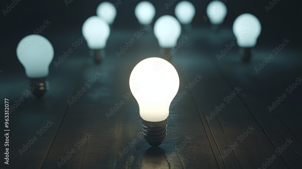 Sticker One glowing light bulb standing out from group on dark background