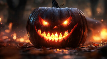 A scary jack-o'-lantern with glowing eyes and a wide grin.