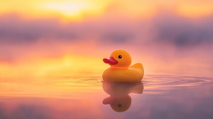 Yellow rubber duck floating on water at sunset