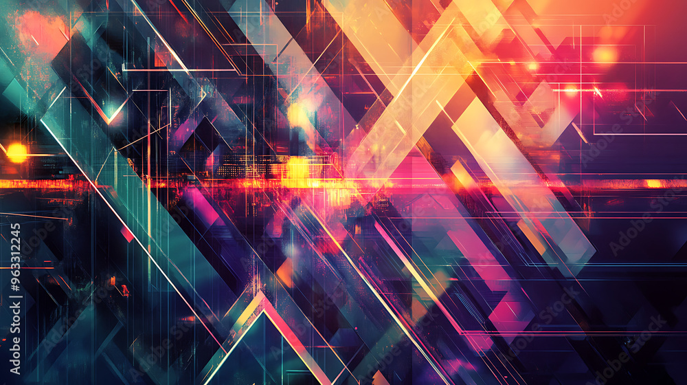 Aufkleber contemporary abstract design featuring geometric forms and neon illumination representing technologi