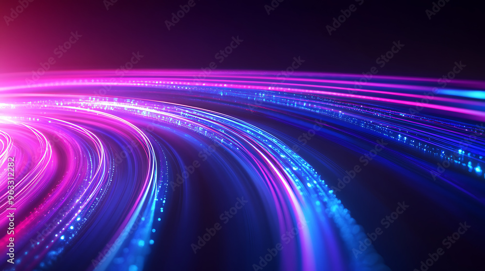 Poster dynamic wave of blue and purple light trails forming a technological pattern against a dark gradient