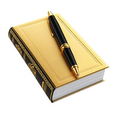 Elegant Hardcover Book with Gold Pen, Classic Writing Tool Image, Vintage Book Cover Illustration, Luxury Writing Instrument Render