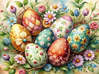 Vintage whimsy watercolor Easter eggs