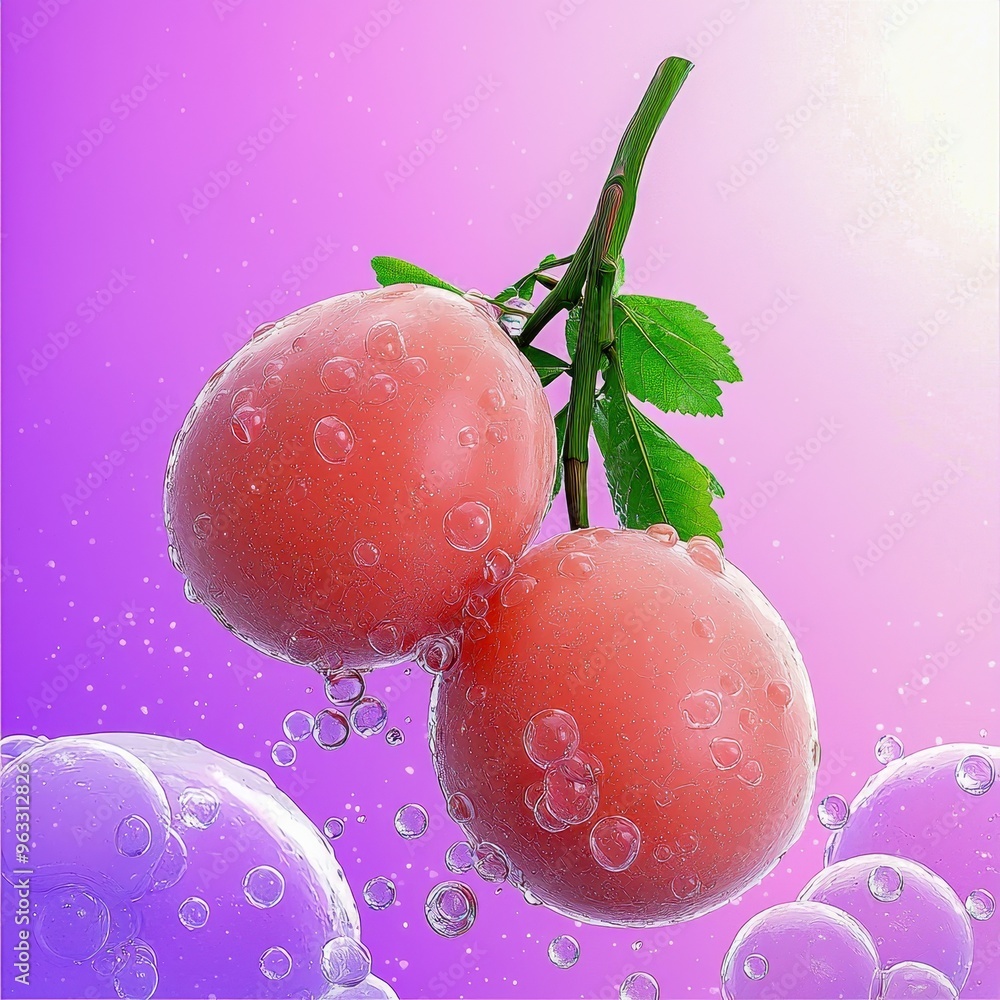 Poster fresh pink fruit on a branch with bubbles, creating a vibrant and refreshing atmosphere. ideal for f