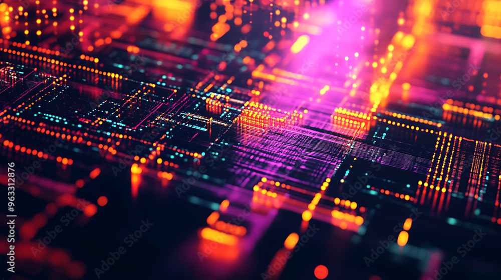 Poster abstract background with neon grids, geometric shapes, and digital textures creating a modern techno