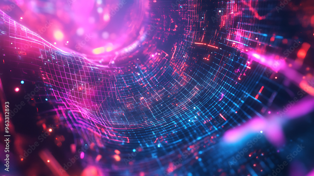 Poster futuristic abstract design with layered neon grids, dynamic geometric shapes, and digital textures