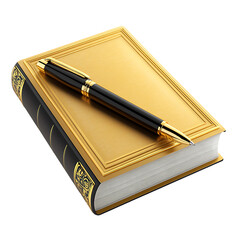 Golden Book with Pen on Top, Classic Book Decor, Writing Inspiration, Black and Gold Pen, Elegant Notebook Design, Writing Journal Image