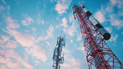 Two telecommunication towers equipped with antennas standing against a blue sky with light clouds, representing modern communication, wireless networks, and technology infrastructure.
