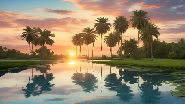A serene oasis at sunset with a reflection of the sky on the calm water surface, surrounded by lush palm trees --ar 3:2 --v 4