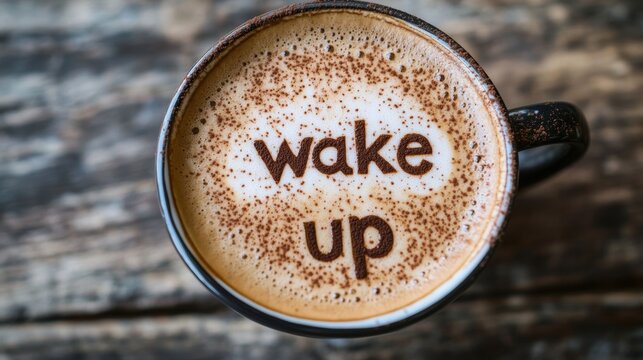 Cup of coffee with wake up message is waiting on a wooden table