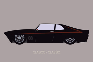 Vintage American car. Side view with perspective. Flat design. Fully editable