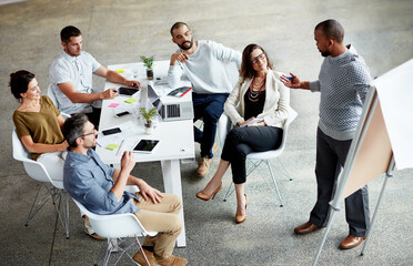 Above, presentation and business people in meeting, planning and technology with communication....