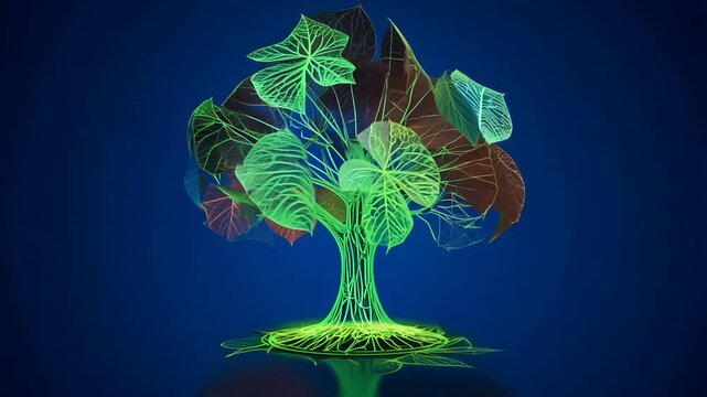 Holographic wireframe spinning tree with leaves falling, green and brown colour, dark blue background