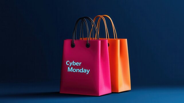 Digital shopping bags with Cyber Monday text, binary code background, 3D illustration