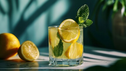 Close up of a refreshing glass of lemonade with lemon slices and mint leaves, with sunlight casting shadows on the table.