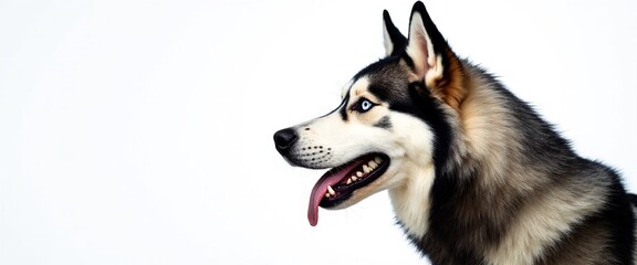 Obraz premium Siberian Husky with Alert Expression Panting Against White Background with Copy Space